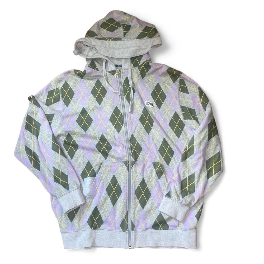 Vintage Y2K 2000 LRG Women's Lavender Purple and Green Argyle Knit Hoodie SZ L